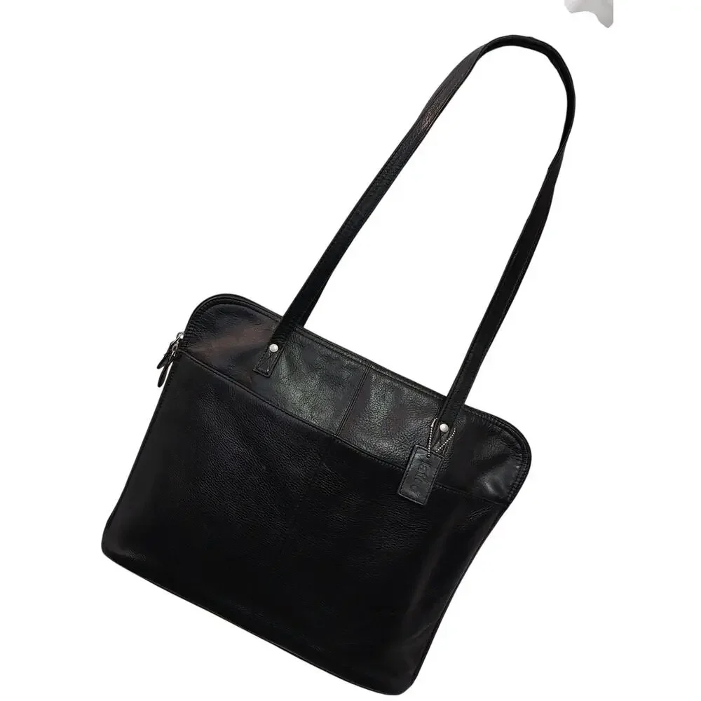 LATICO! RICH BLACK GENUINE LEATHER ZIP OPEN SHOULDER LAPTOP CASE, BRIEFCASE!